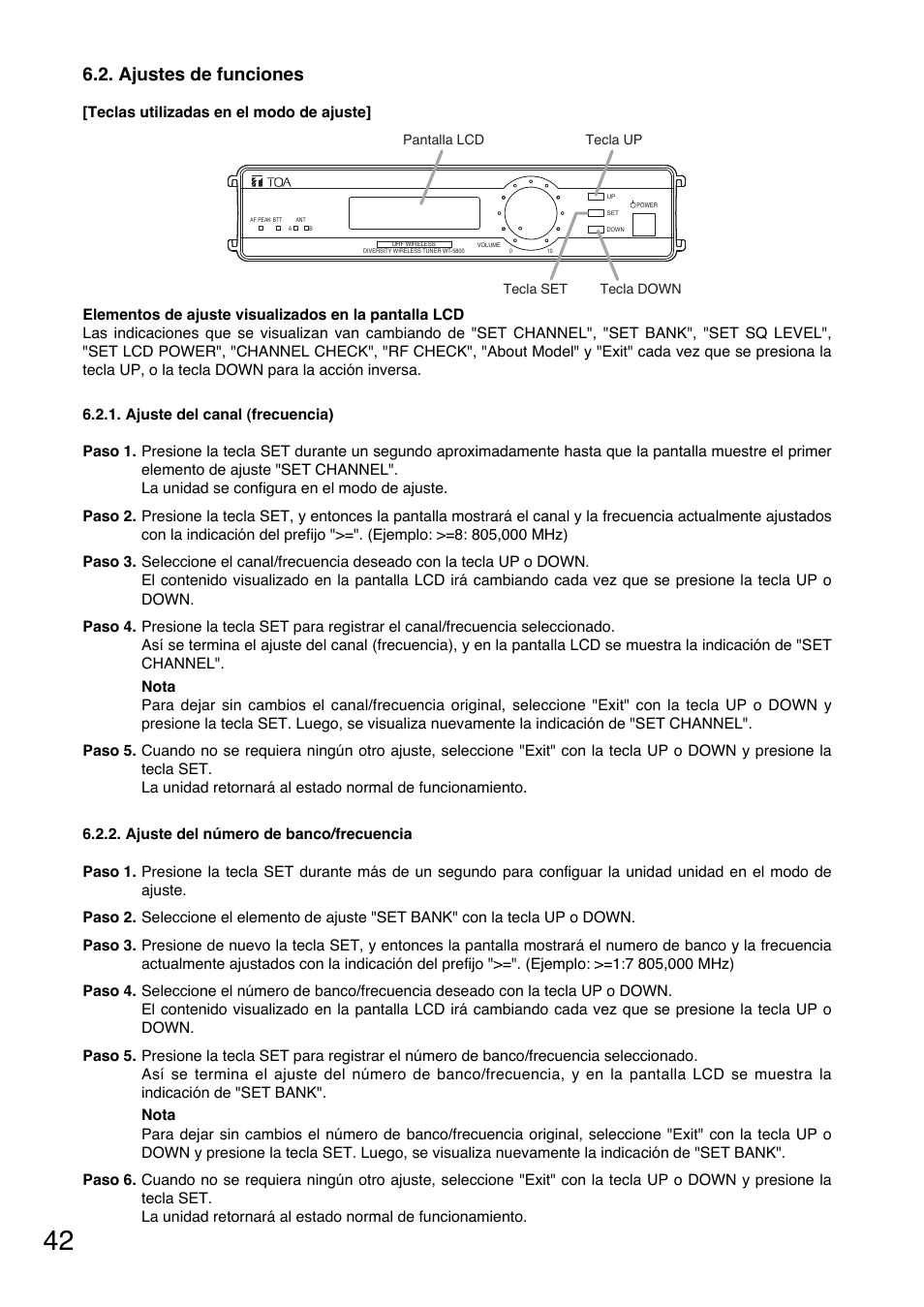 Ajustes de funciones | Toa WT-5805 User Manual | Page 42 / 64