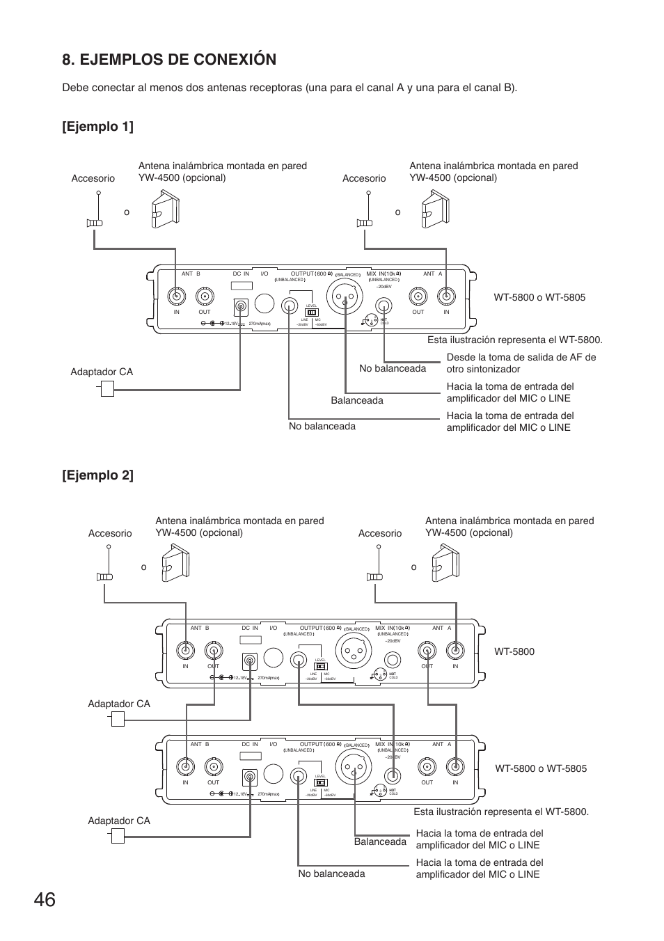 Ejemplos de conexión, Ejemplo 1, Ejemplo 2 | Toa WT-5805 User Manual | Page 46 / 64