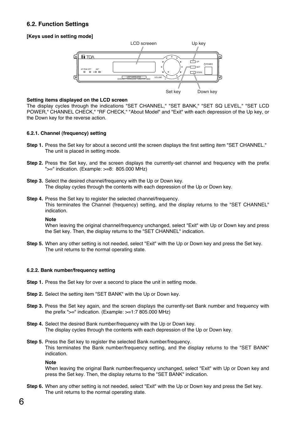 Function settings | Toa WT-5805 User Manual | Page 6 / 64