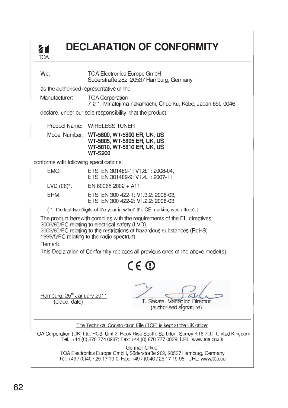 Toa WT-5805 User Manual | Page 62 / 64