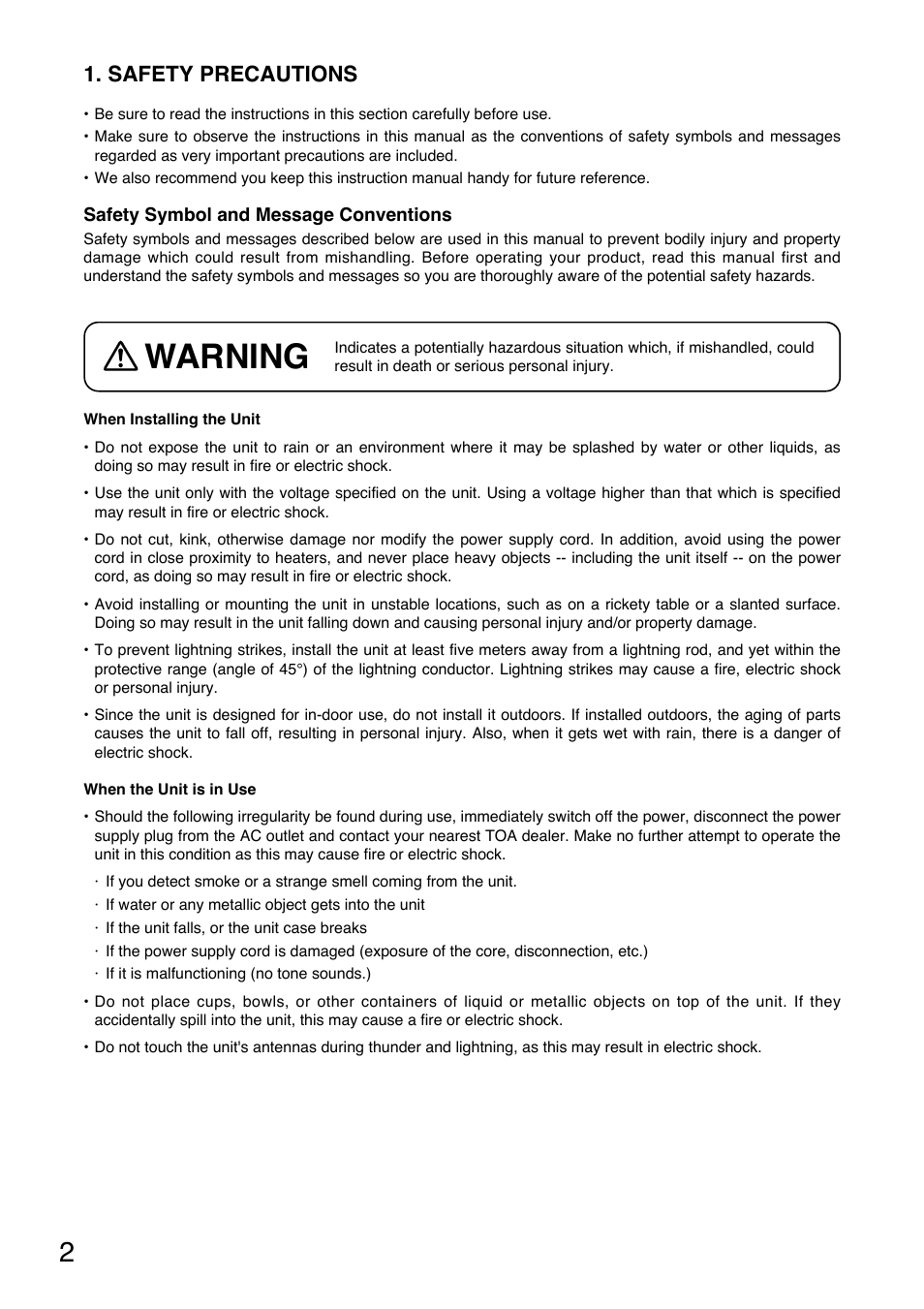 Warning, Safety precautions | Toa WT-5805 User Manual | Page 2 / 12