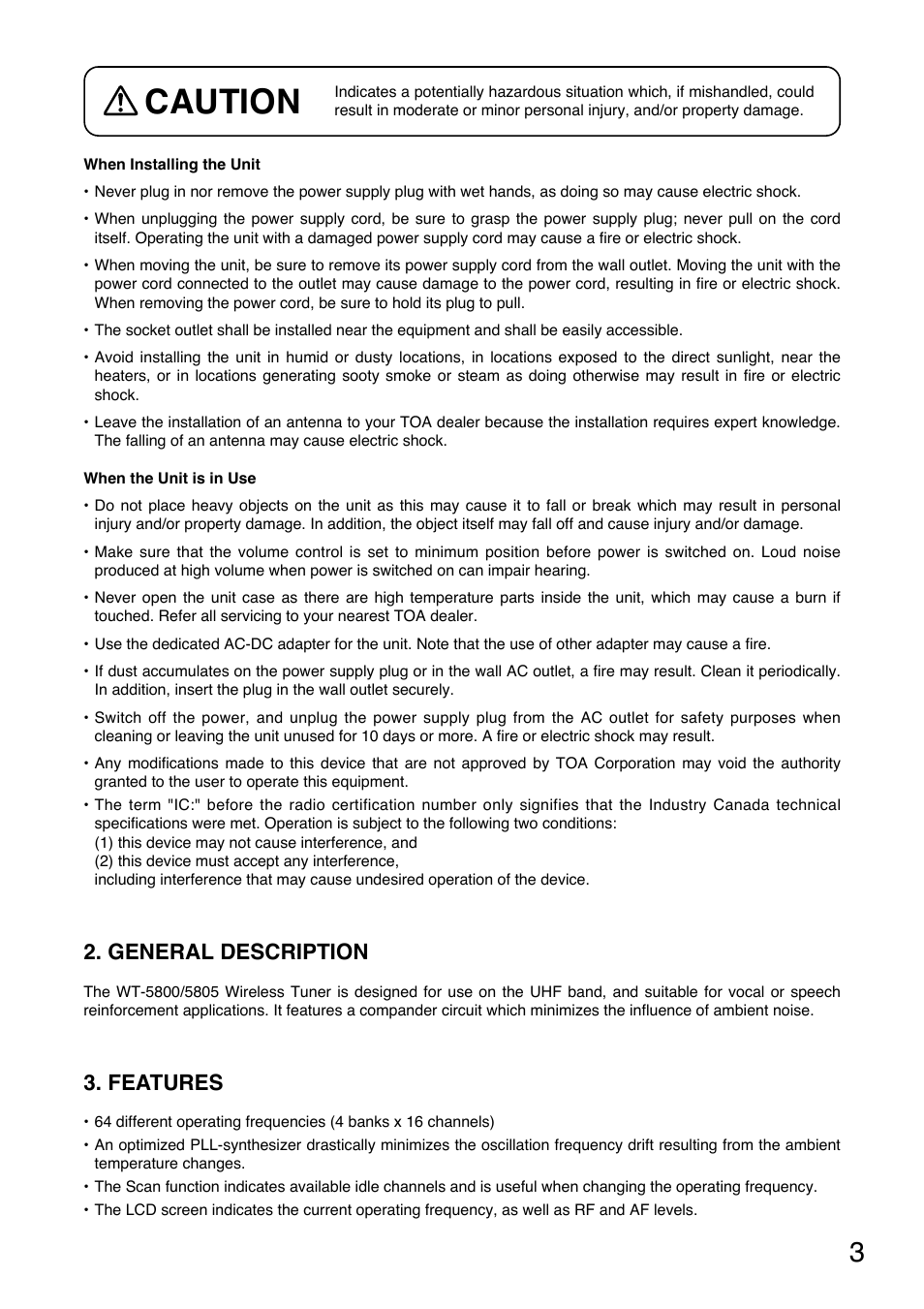 Caution, General description, Features | Toa WT-5805 User Manual | Page 3 / 12