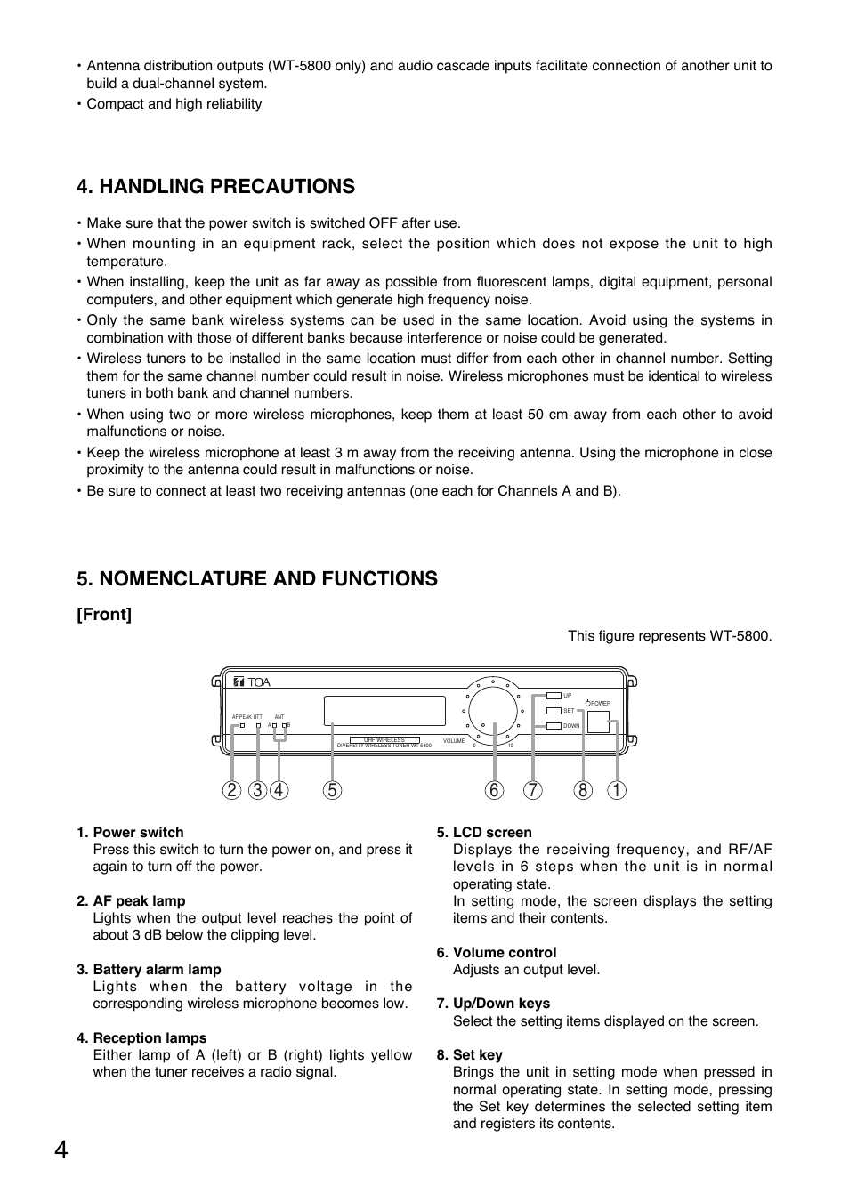 Handling precautions, Nomenclature and functions, Front | Toa WT-5805 User Manual | Page 4 / 12