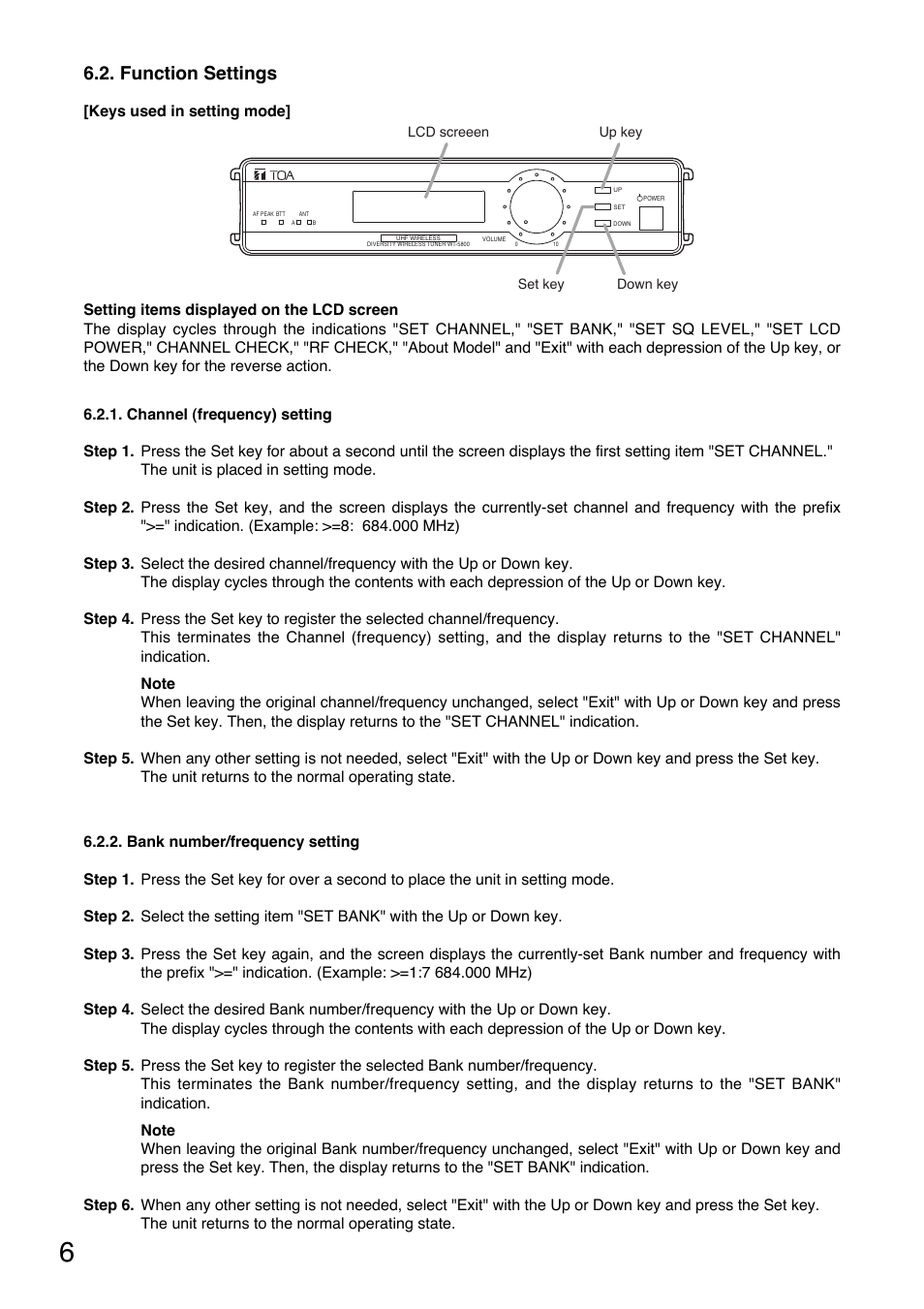Function settings | Toa WT-5805 User Manual | Page 6 / 12