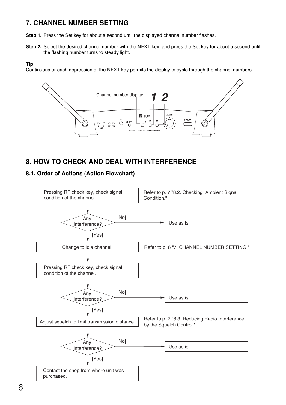 How to check and deal with interference, Channel number setting | Toa WT-5810 User Manual | Page 6 / 8