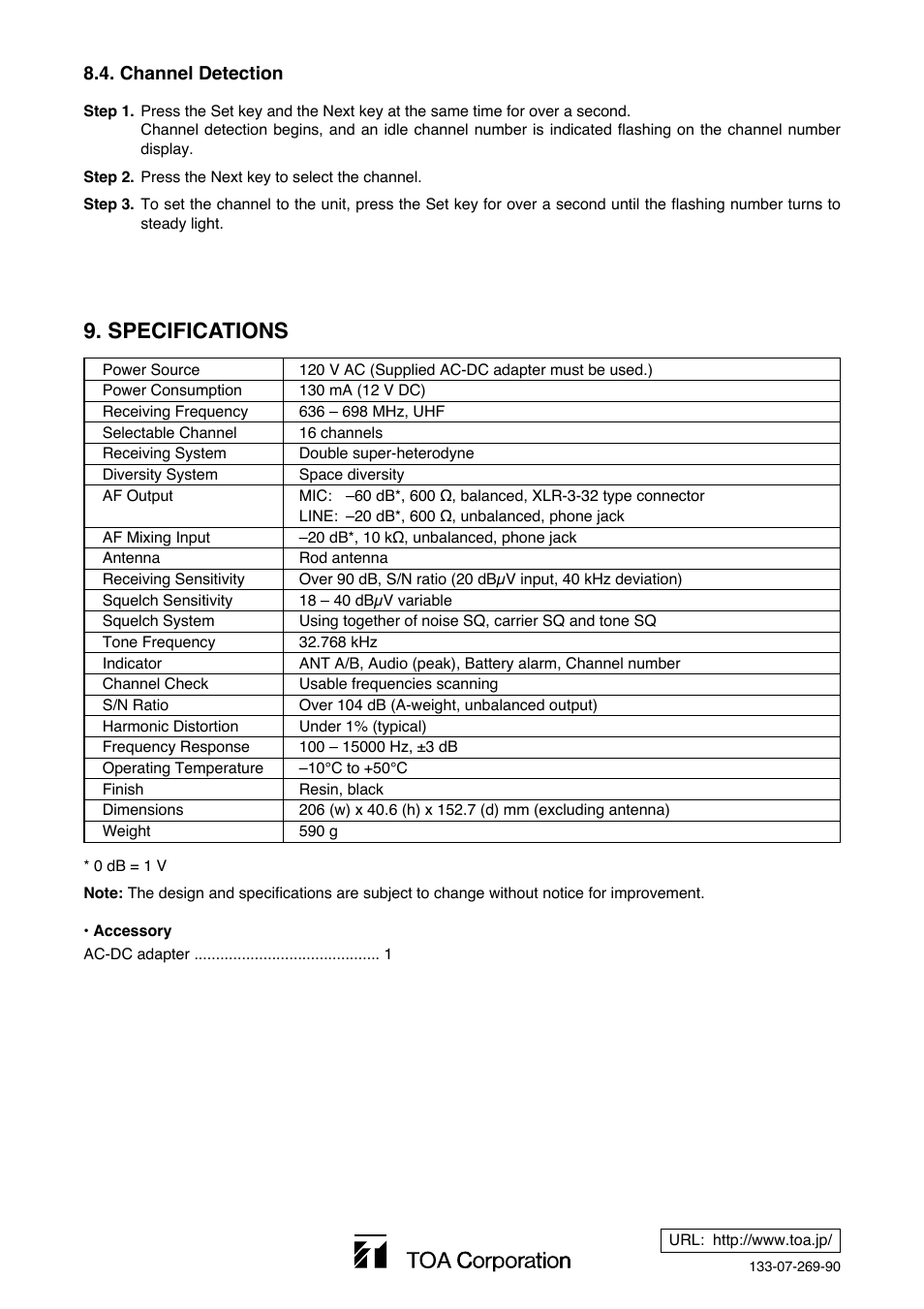 Specifications | Toa WT-5810 User Manual | Page 8 / 8