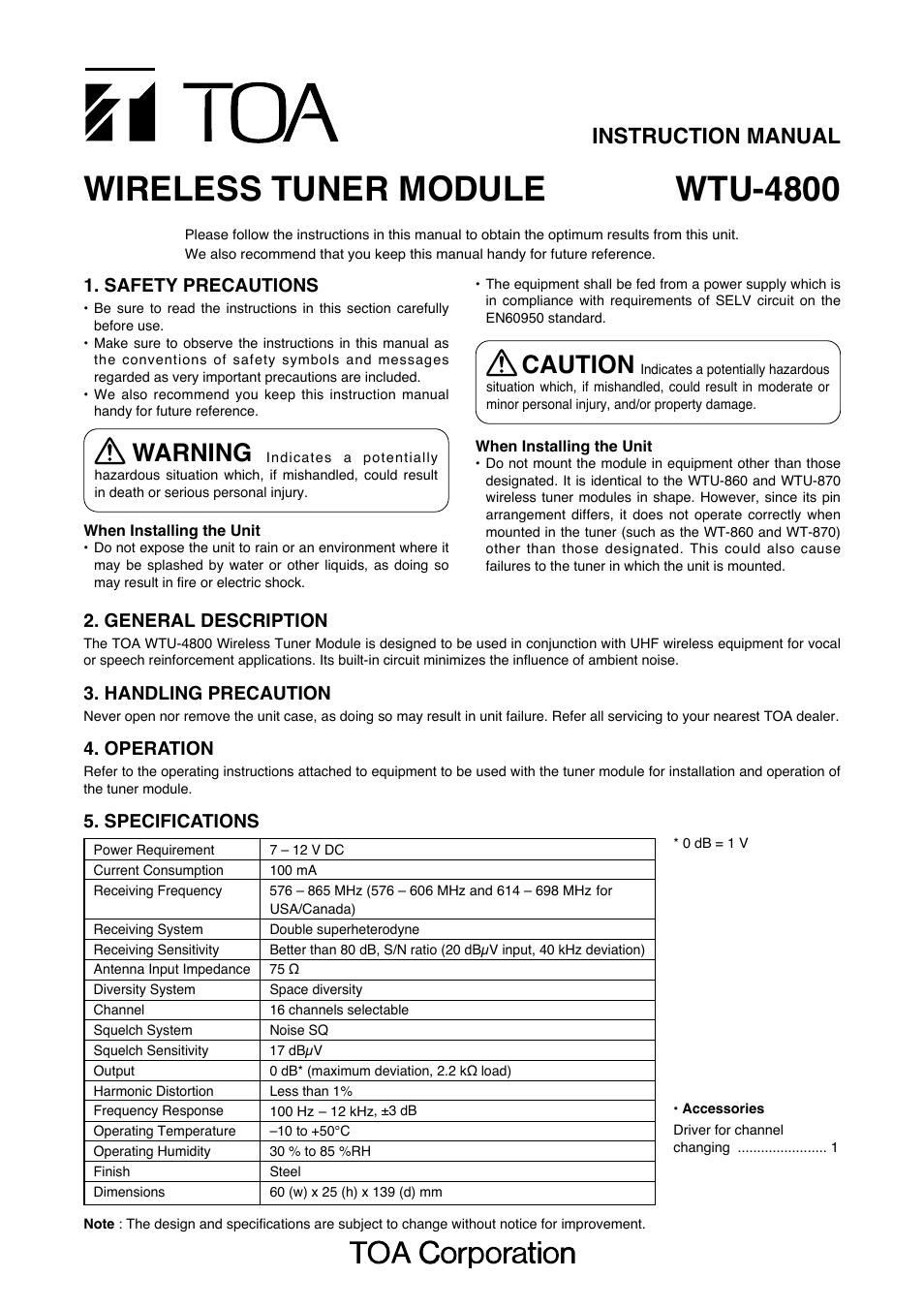 Toa WTU-4800 User Manual | 4 pages