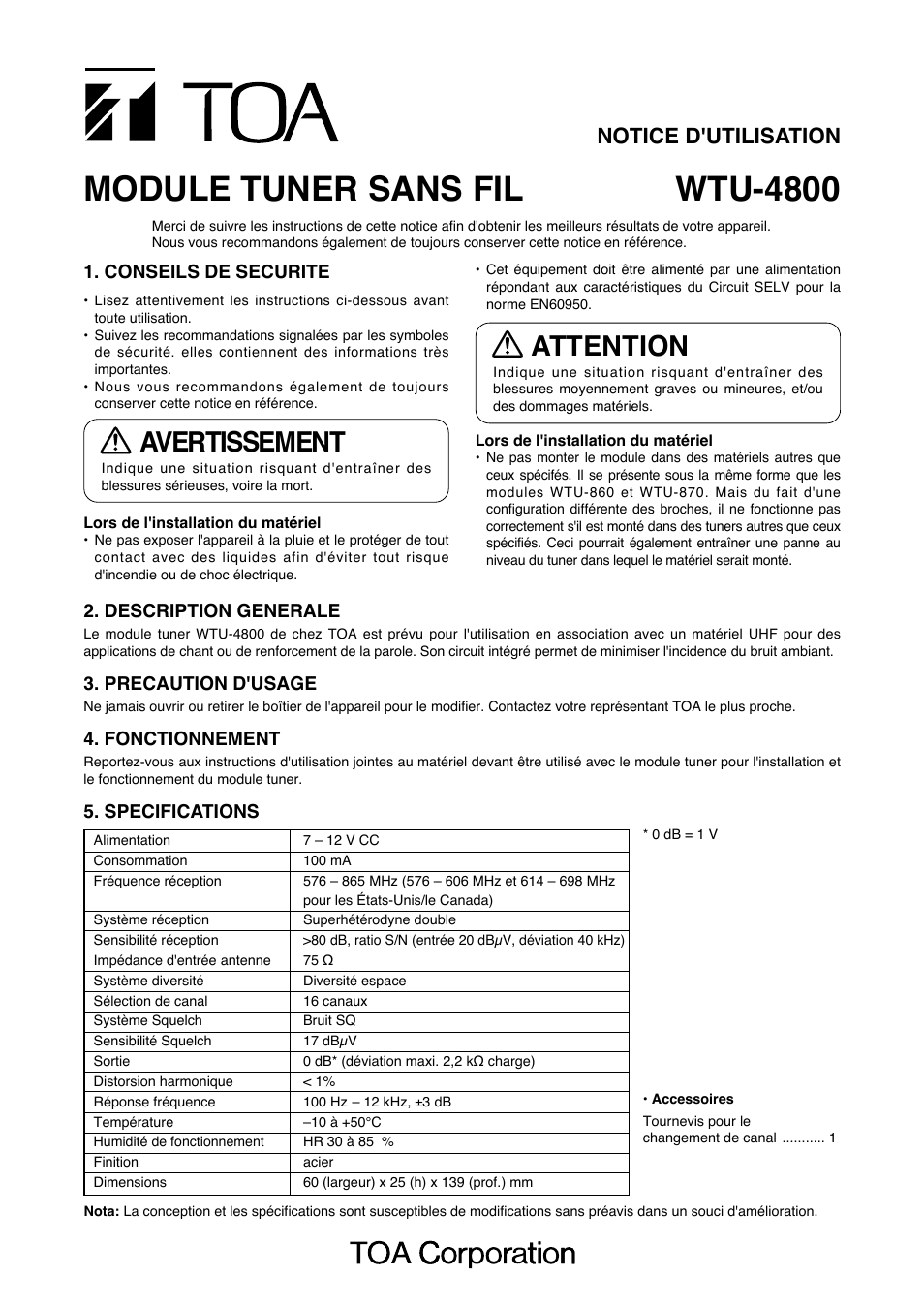 Wtu-4800 module tuner sans fil, Avertissement, Attention | Notice d'utilisation | Toa WTU-4800 User Manual | Page 3 / 4