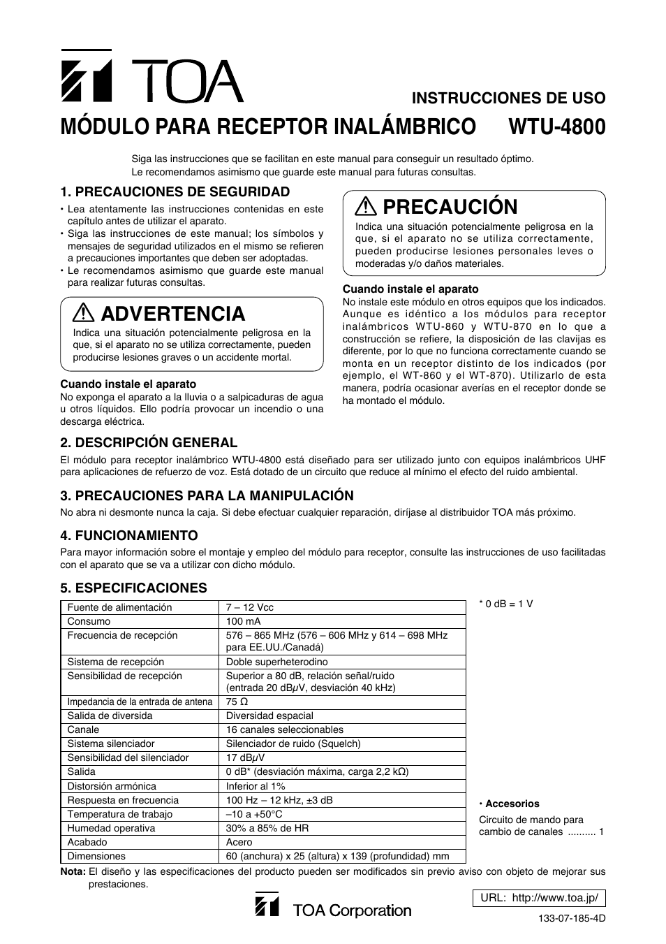 Wtu-4800 módulo para receptor inalámbrico, Advertencia, Precaución | Instrucciones de uso, Descripción general, Precauciones para la manipulación, Funcionamiento, Especificaciones, Precauciones de seguridad | Toa WTU-4800 User Manual | Page 4 / 4