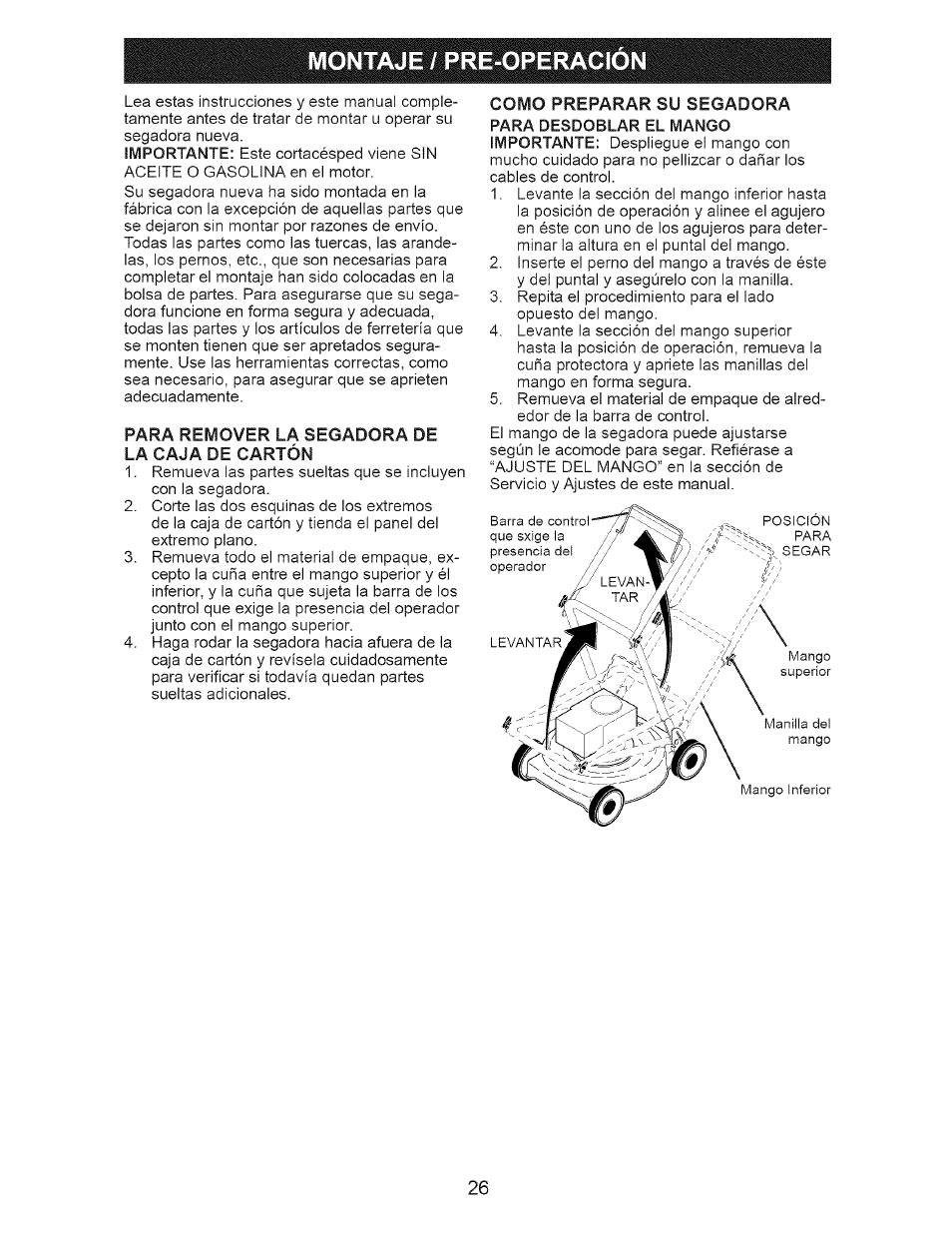 Montaje / pre-operacion, Para remover la segadora de la caja de cartón, Montaje / pre-operación -27 | Craftsman 917.377120 User Manual | Page 26 / 56