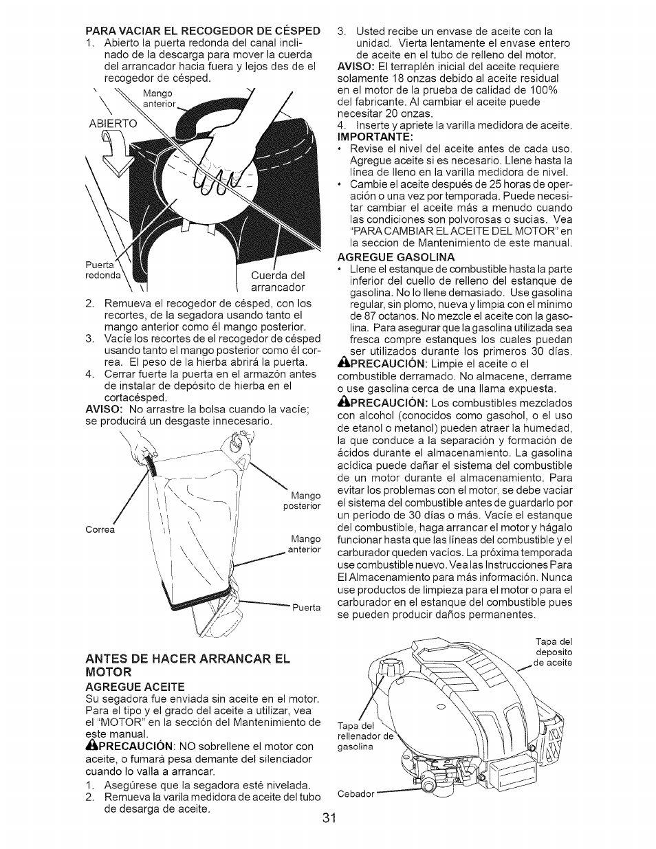 Antes de hacer arrancar el motor | Craftsman 917.377120 User Manual | Page 31 / 56
