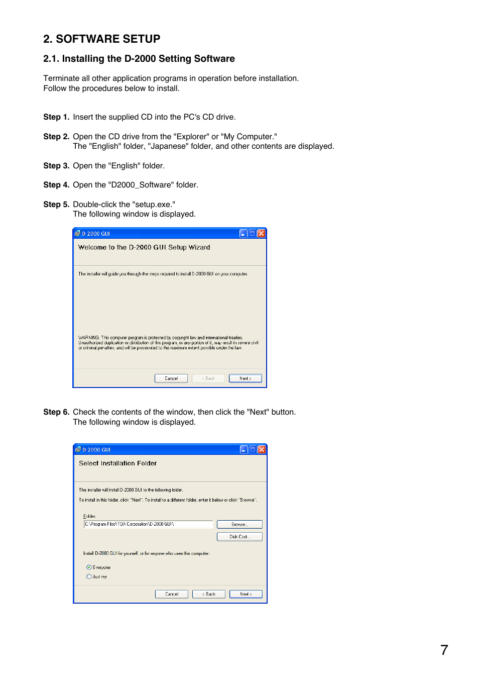 Software setup | Toa D-2000 Series User Manual | Page 7 / 170