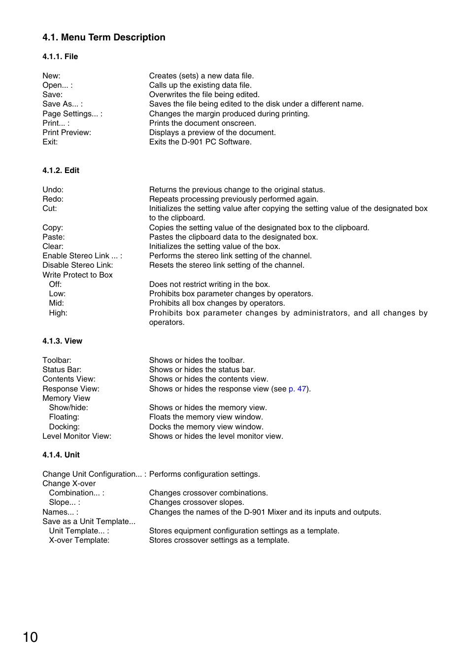 Menu term description, File, Edit | View, Unit, Menu (see, P. 10 | Toa D-901 KR User Manual | Page 10 / 83