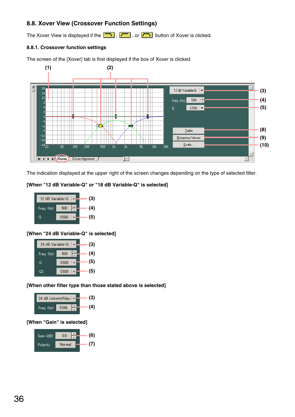 Xover view (crossover function settings), Crossover function settings, Crossover (xover) (see | P. 36 | Toa D-901 KR User Manual | Page 36 / 83