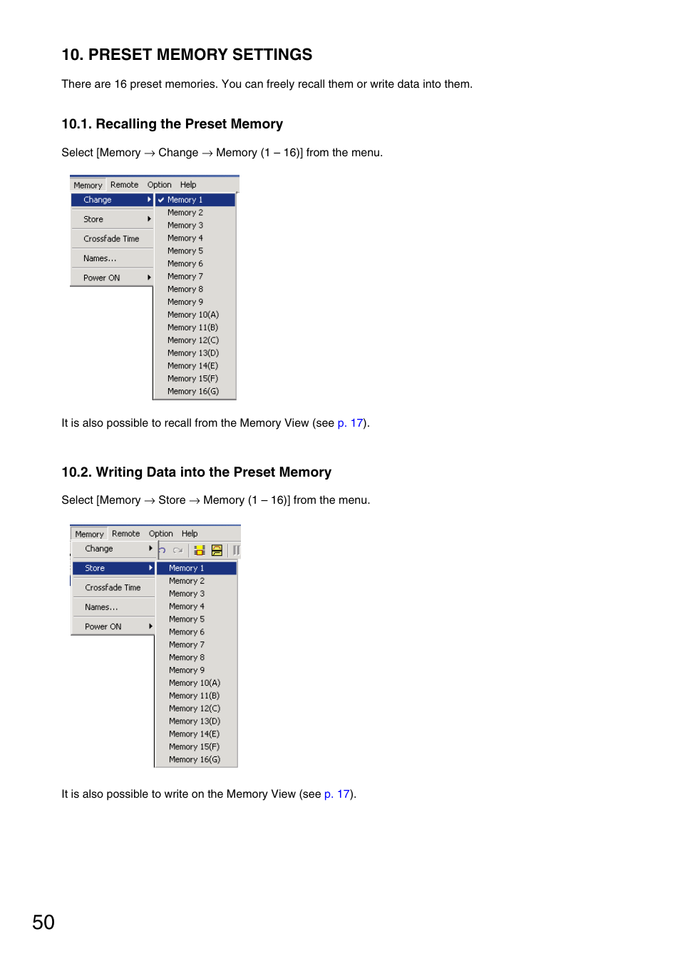 Preset memory settings, Recalling the preset memory, Writing data into the preset memory | The menu bar can also be used to recall (see, P. 50 | Toa D-901 KR User Manual | Page 50 / 83