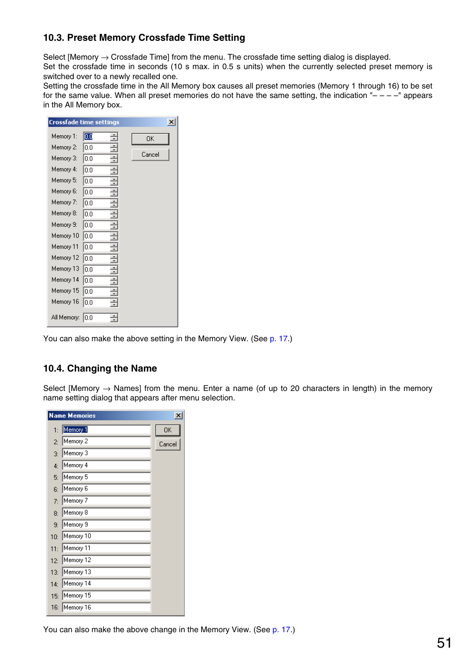 Preset memory crossfade time setting, Changing the name, P. 51 | Toa D-901 KR User Manual | Page 51 / 83