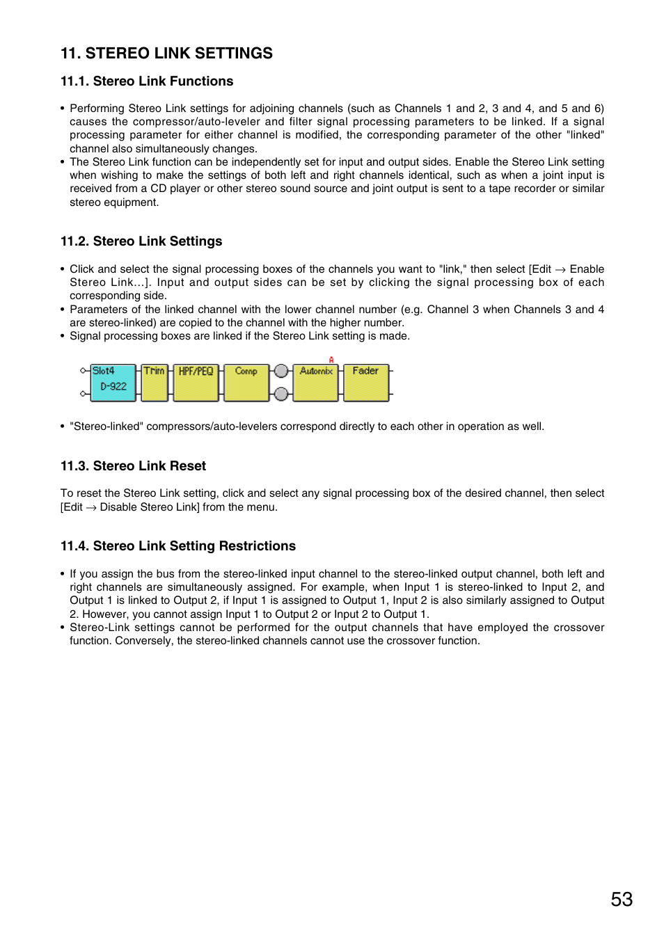 Stereo link settings, Stereo link functions, Stereo link reset | Stereo link setting restrictions | Toa D-901 KR User Manual | Page 53 / 83