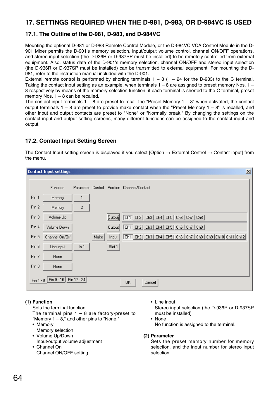 The outline of the d-981, d-983, and d-984vc, Contact input setting screen, Used | Toa D-901 KR User Manual | Page 64 / 83