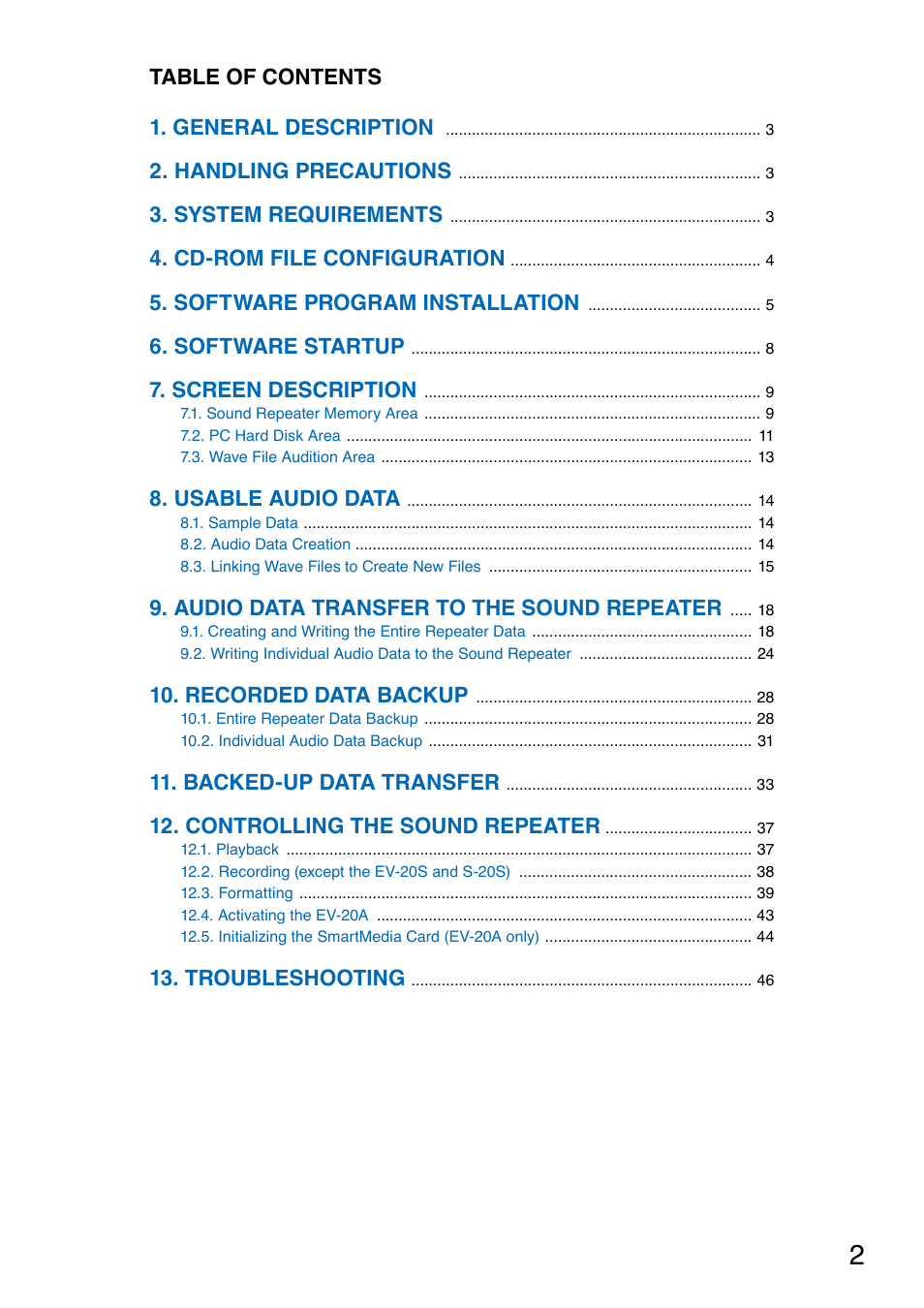 Table of contents 1. general description, Handling precautions, System requirements | Cd-rom file configuration, Software program installation, Software startup, Screen description, Usable audio data, Audio data transfer to the sound repeater, Recorded data backup | Toa S-20S Ver.5.0 User Manual | Page 2 / 46