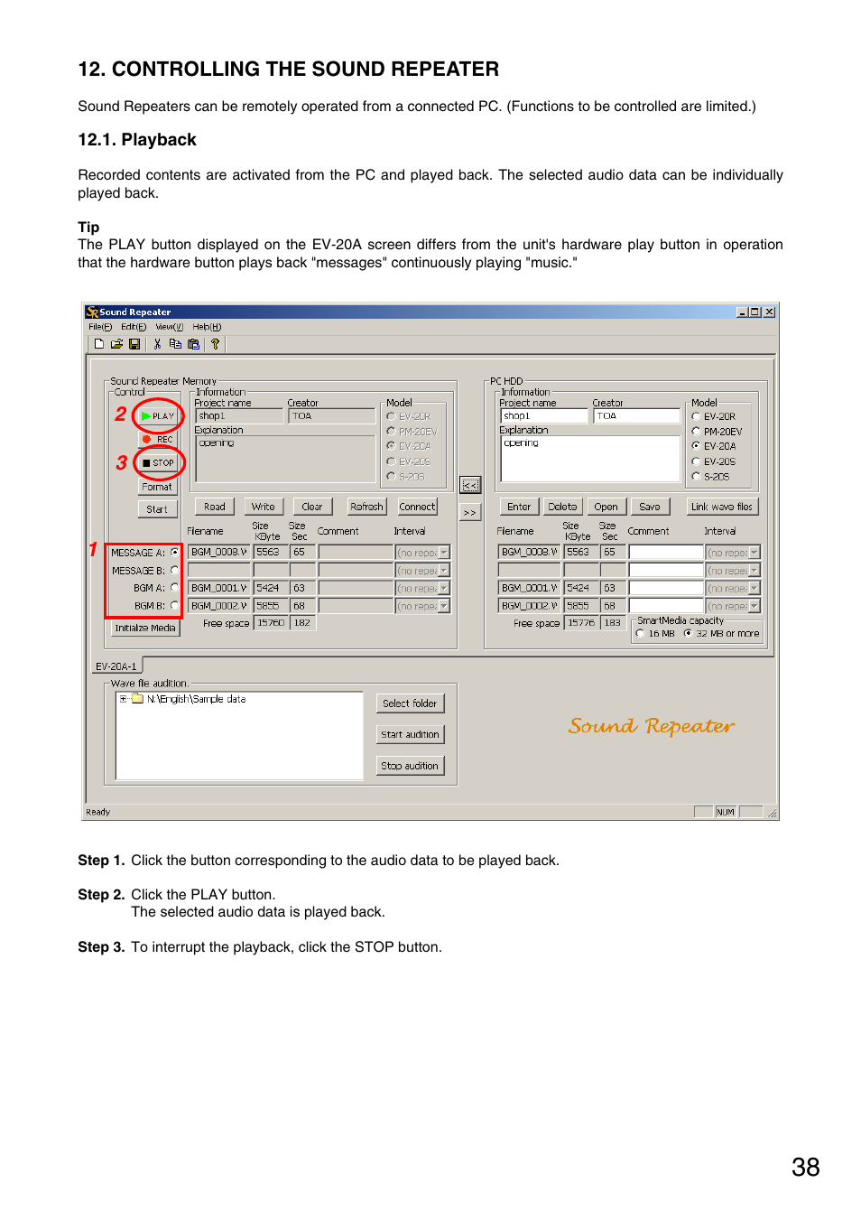 Controlling the sound repeater, Playback | Toa S-20S Ver.4.01 User Manual | Page 38 / 46