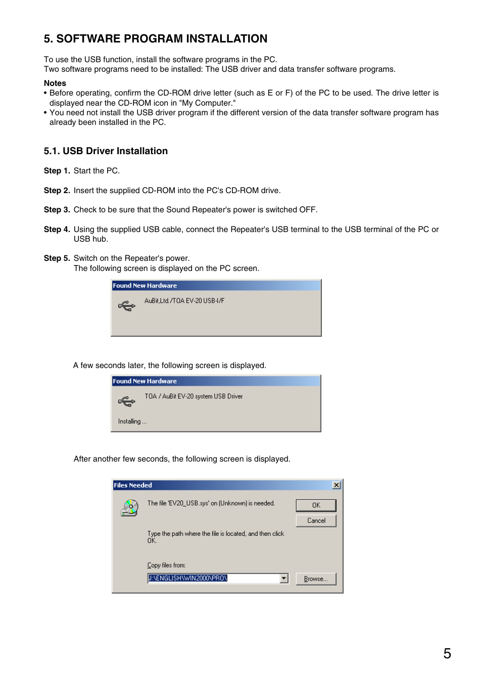 Software program installation, Usb driver installation | Toa S-20S Ver.4.01 User Manual | Page 5 / 46