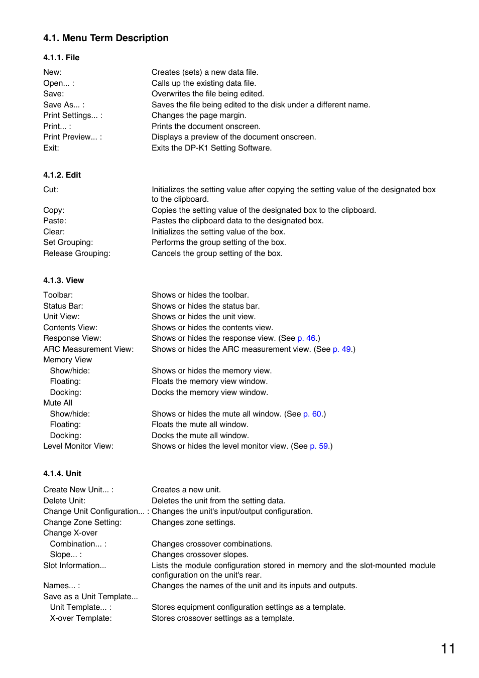 Menu term description, File, Edit | View, Unit, Menu (see, P. 11 | Toa DP-K1 User Manual | Page 11 / 102