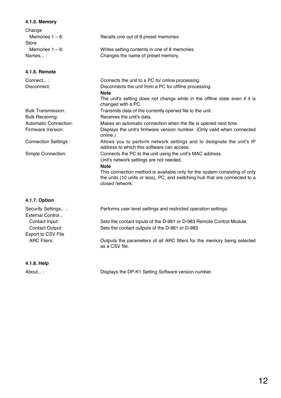 Memory, Remote, Option | Help | Toa DP-K1 User Manual | Page 12 / 102