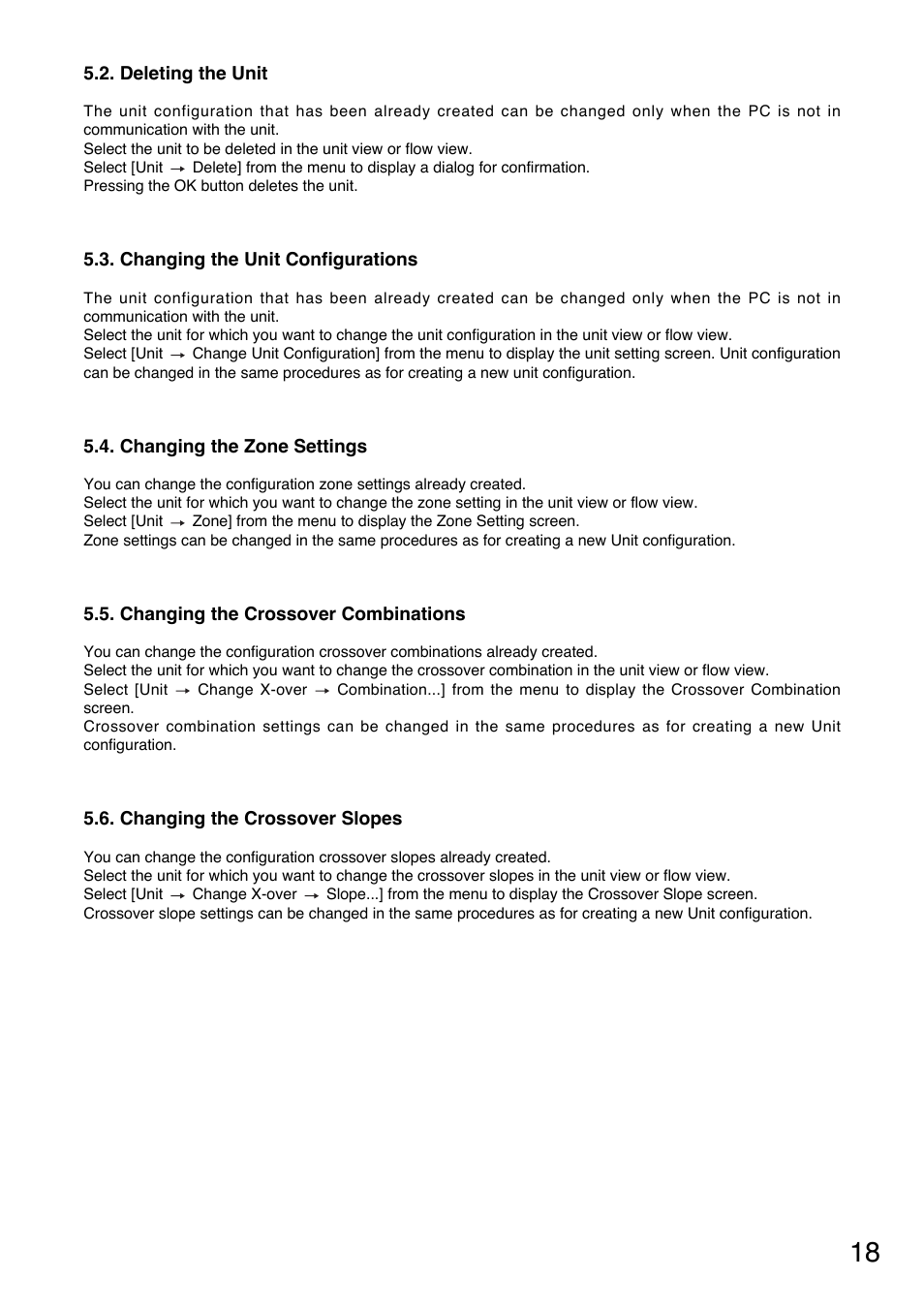 Deleting the unit, Changing the unit configurations, Changing the zone settings | Changing the crossover combinations, Changing the crossover slopes | Toa DP-K1 User Manual | Page 18 / 102
