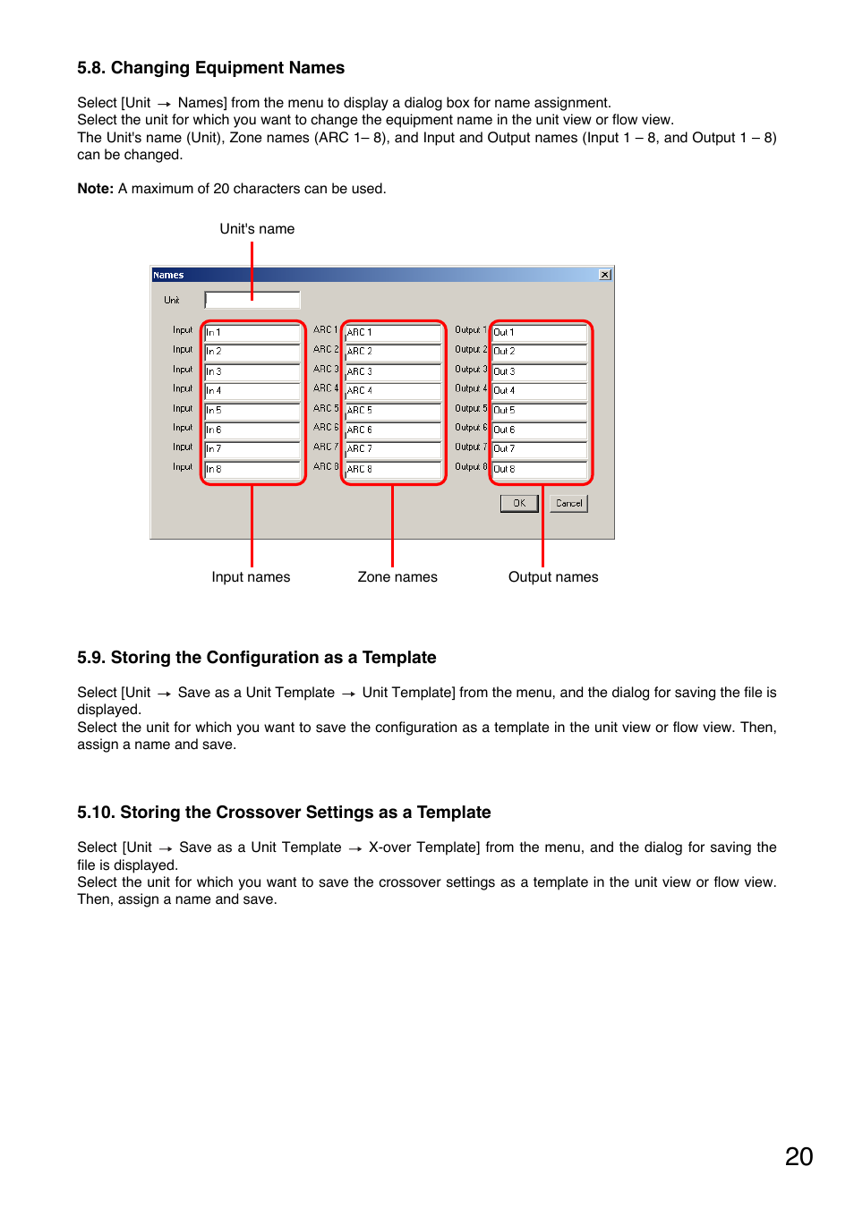 Changing equipment names, Storing the configuration as a template, Storing the crossover settings as a template | Toa DP-K1 User Manual | Page 20 / 102