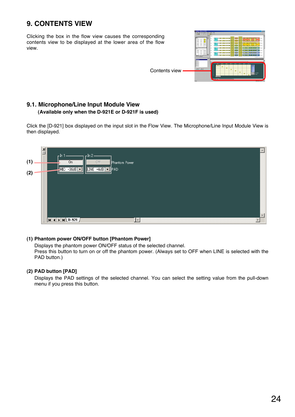 Contents view, Microphone/line input module view, Available only when the d-921e or d-921f is used) | Contents view (see, P. 24, Input module (see | Toa DP-K1 User Manual | Page 24 / 102
