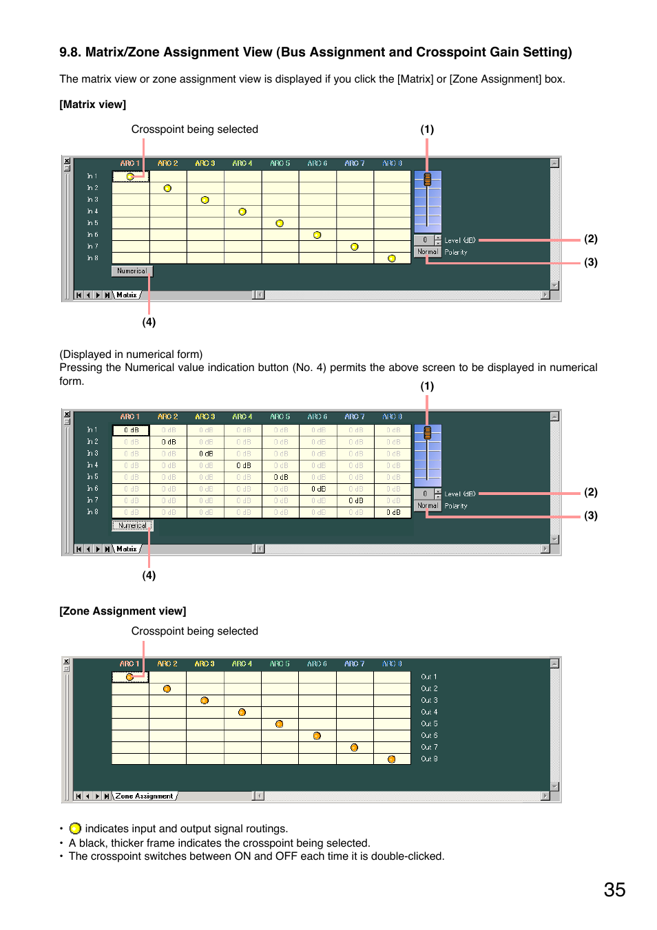 Matrix/zone assignment view, Bus assignment and crosspoint gain setting), Matrix (see | P. 35, Zone assignment (see | Toa DP-K1 User Manual | Page 35 / 102