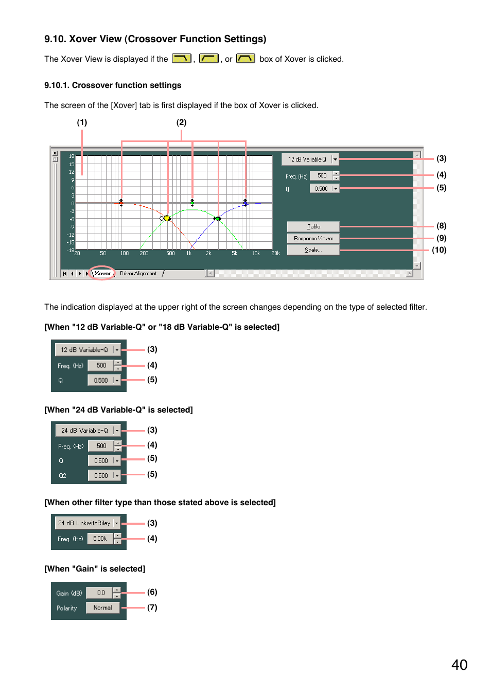 Xover view (crossover function settings), Crossover function settings, Crossover (xover) (see | P. 40 | Toa DP-K1 User Manual | Page 40 / 102