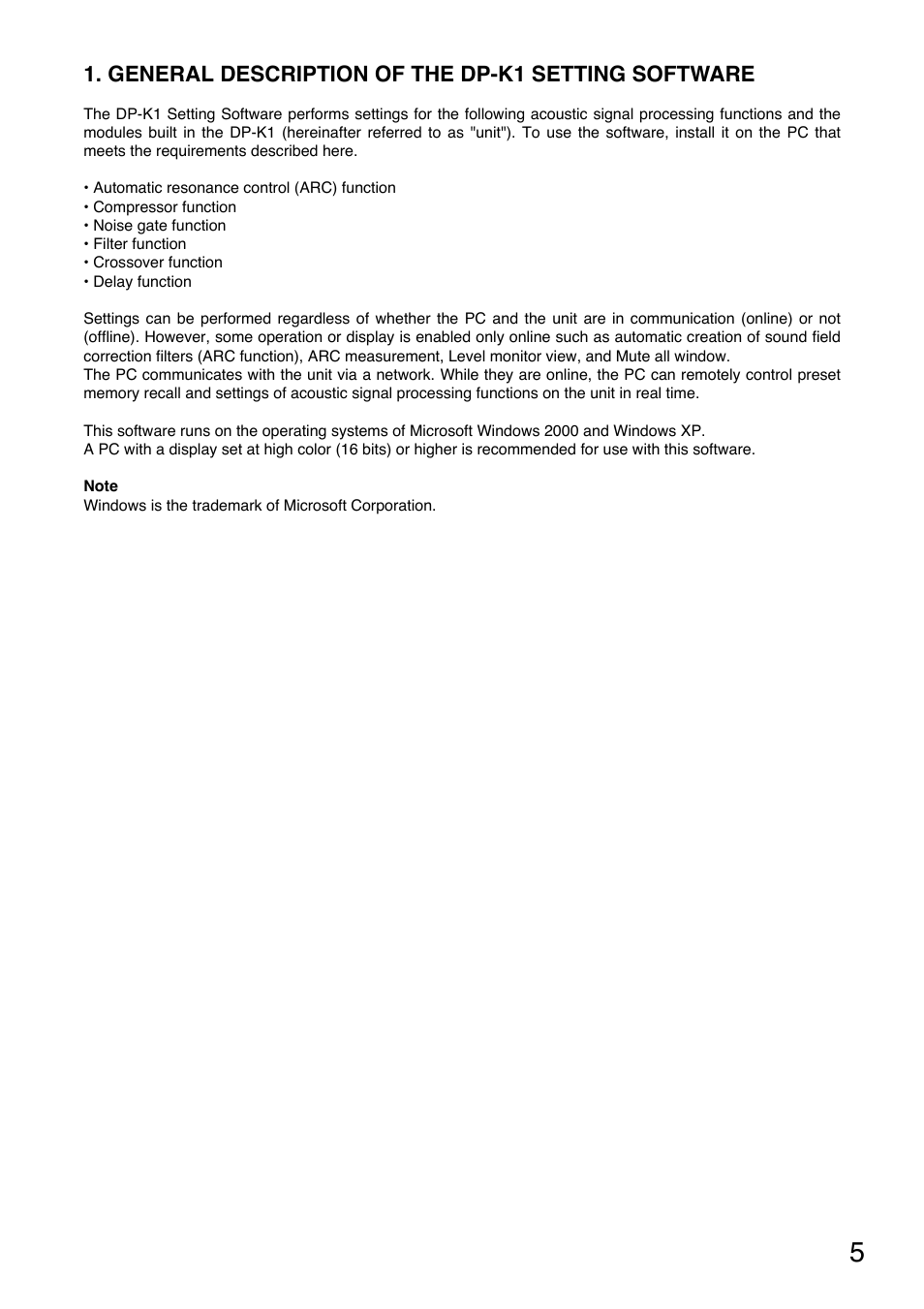 General description of the dp-k1 setting software | Toa DP-K1 User Manual | Page 5 / 102