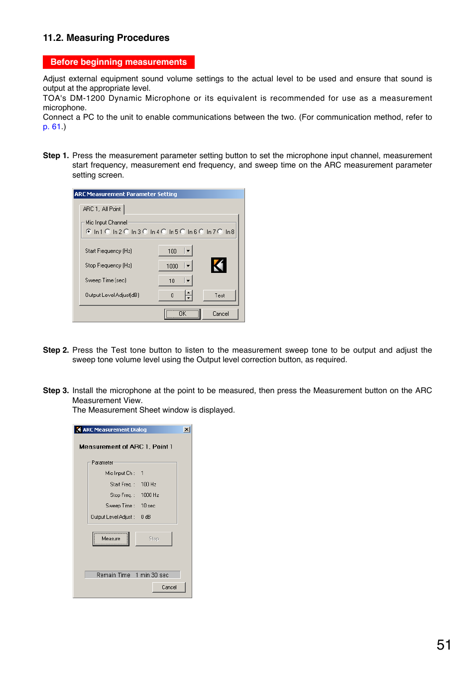 Measuring procedures, For measuring procedures, refer to, P. 51 | Toa DP-K1 User Manual | Page 51 / 102