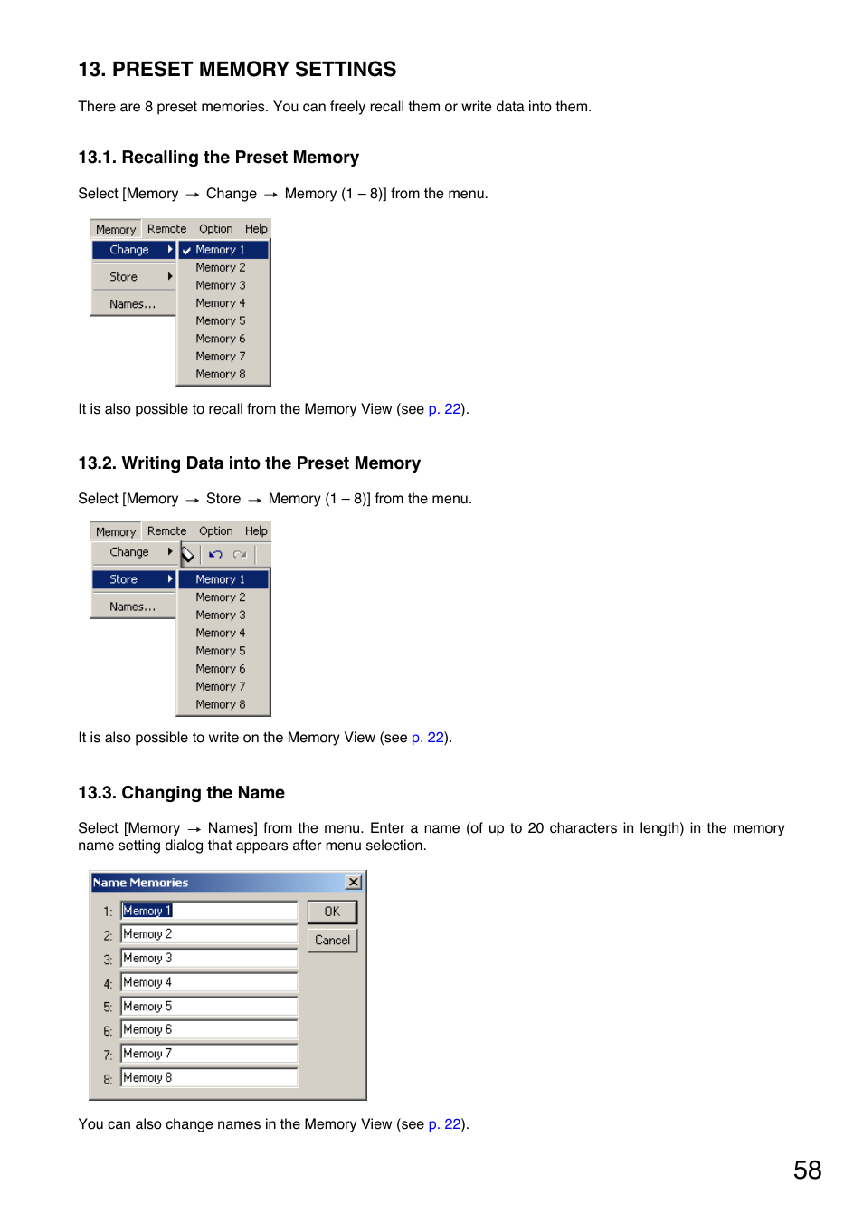 Preset memory settings, Recalling the preset memory, Writing data into the preset memory | Changing the name, The menu bar can also be used to recall. (see, P. 58 | Toa DP-K1 User Manual | Page 58 / 102