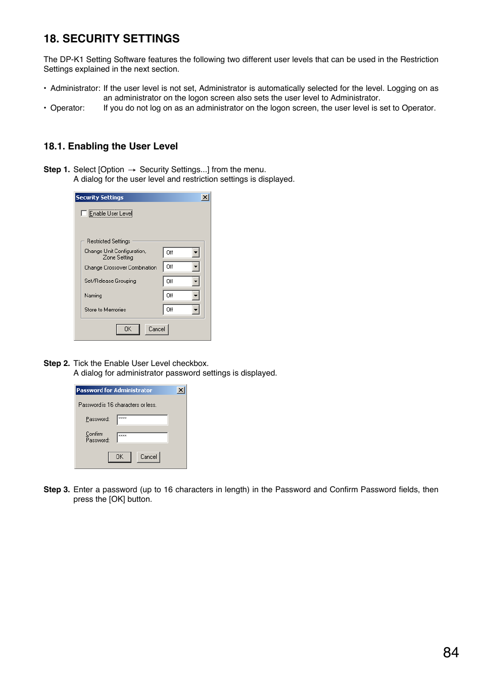 Security settings, Enabling the user level | Toa DP-K1 User Manual | Page 84 / 102