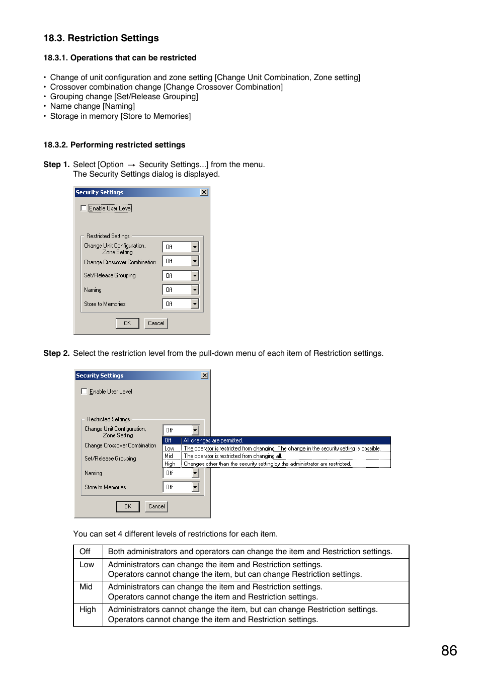 Restriction settings, Operations that can be restricted, Performing restricted settings | Toa DP-K1 User Manual | Page 86 / 102