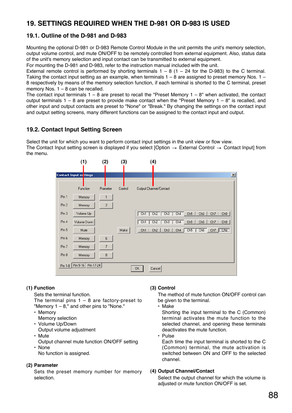 Settings required when the d-981 or d-983 is used, Outline of the d-981 and d-983, Contact input setting screen | Toa DP-K1 User Manual | Page 88 / 102