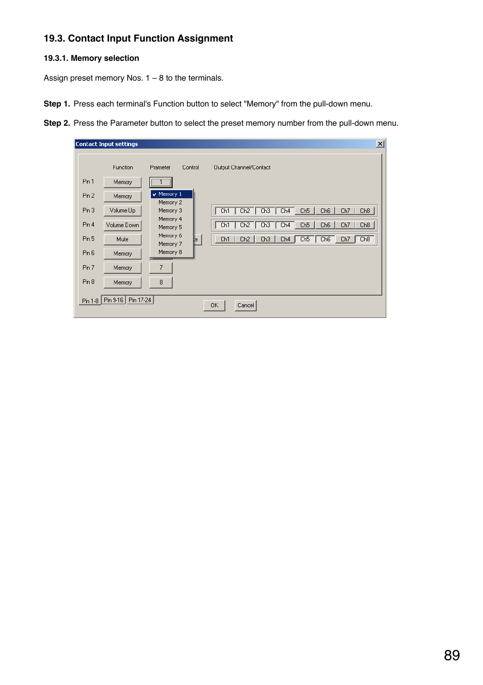 Contact input function assignment, Memory selection | Toa DP-K1 User Manual | Page 89 / 102