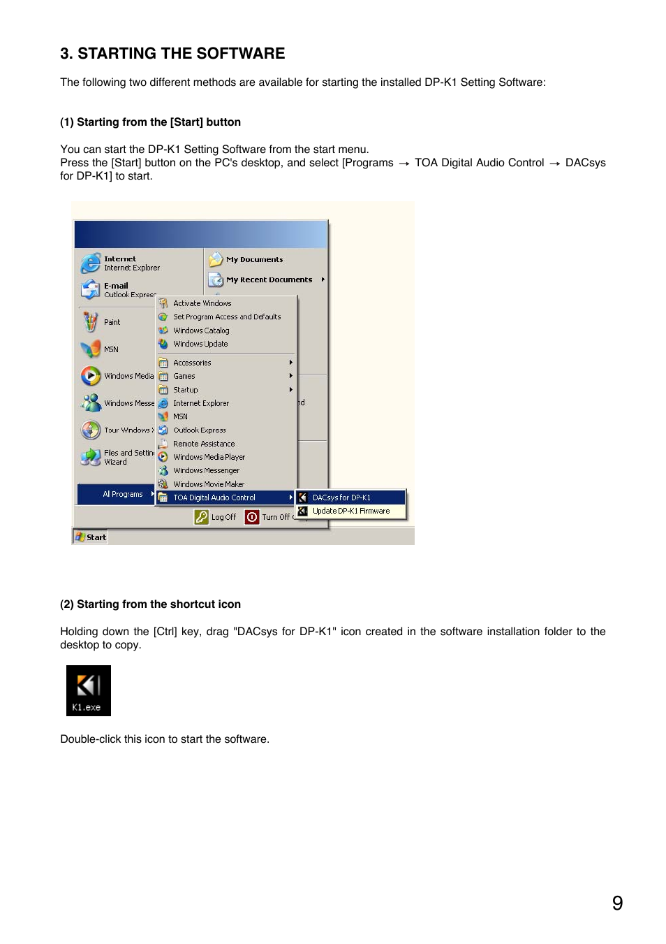 Starting the software | Toa DP-K1 User Manual | Page 9 / 102