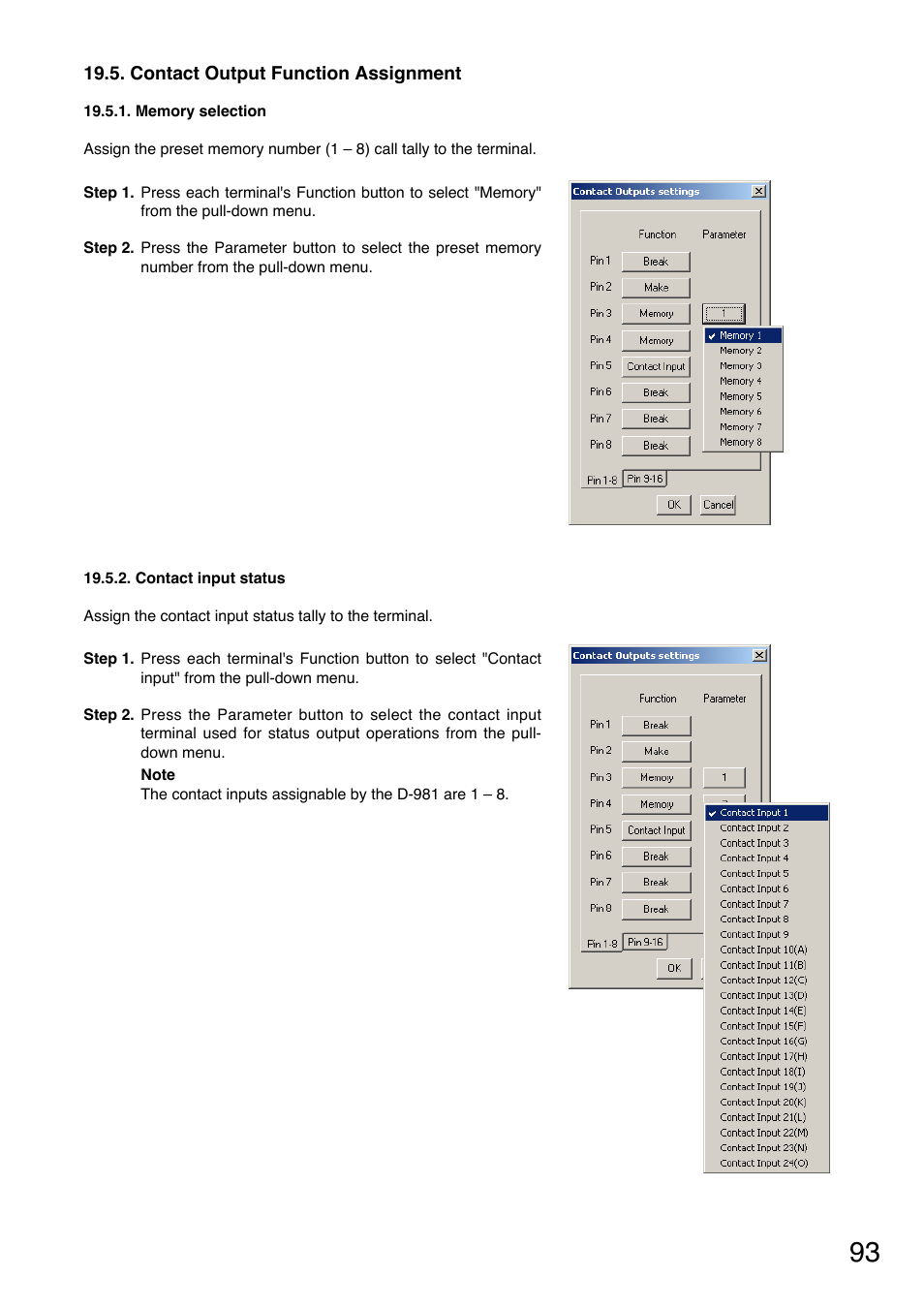 Contact output function assignment, Memory selection, Contact input status | Toa DP-K1 User Manual | Page 93 / 102