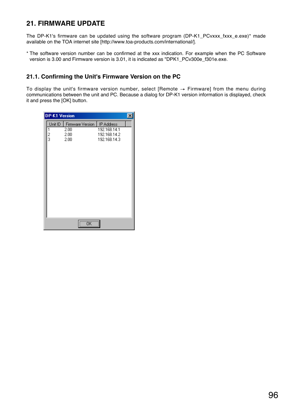 Firmware update, Confirming the unit's firmware version on the pc | Toa DP-K1 User Manual | Page 96 / 102