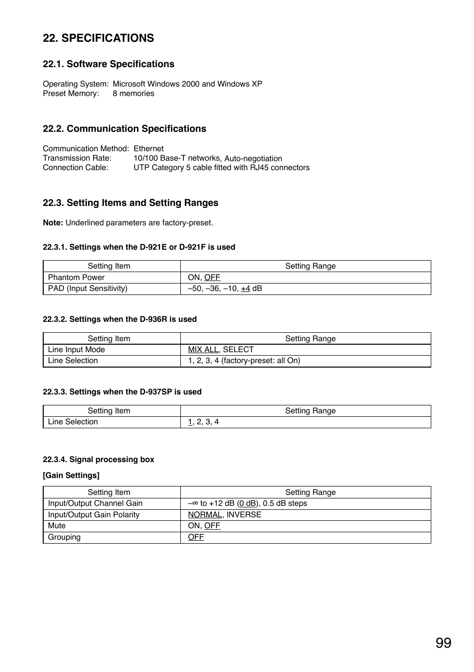 Specifications, Software specifications, Communication specifications | Setting items and setting ranges, Settings when the d-921e or d-921f is used, Settings when the d-936r is used, Settings when the d-937sp is used, Signal processing box | Toa DP-K1 User Manual | Page 99 / 102