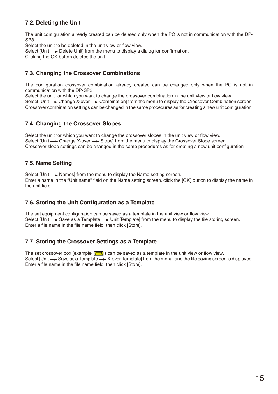 Deleting the unit, Changing the crossover combinations, Changing the crossover slopes | Name setting, Storing the unit configuration as a template, Storing the crossover settings as a template | Toa DP-SP3 User Manual | Page 15 / 75