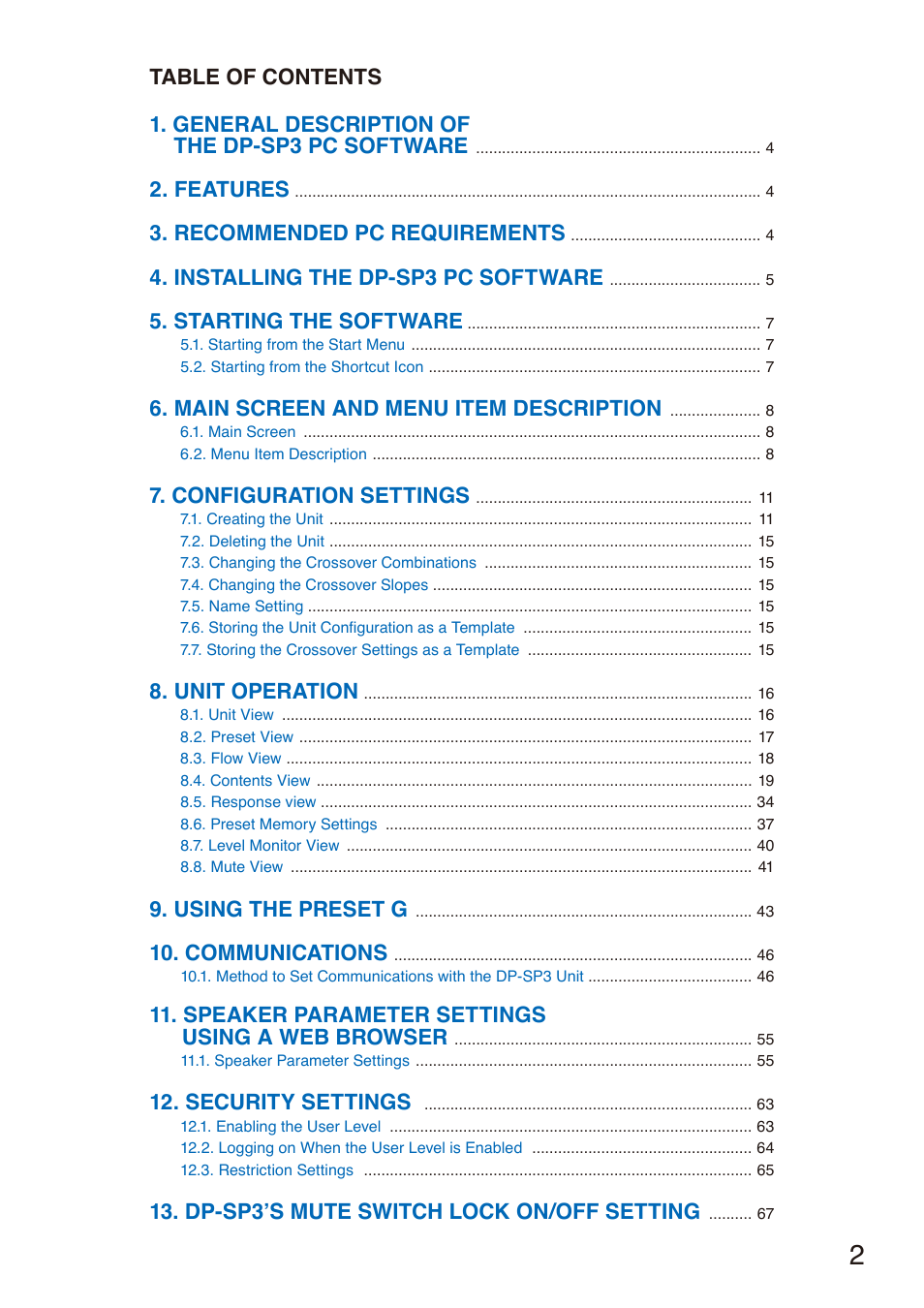 Features, Recommended pc requirements, Installing the dp-sp3 pc software | Starting the software, Main screen and menu item description, Configuration settings, Unit operation, Using the preset g, Communications, Speaker parameter settings using a web browser | Toa DP-SP3 User Manual | Page 2 / 75