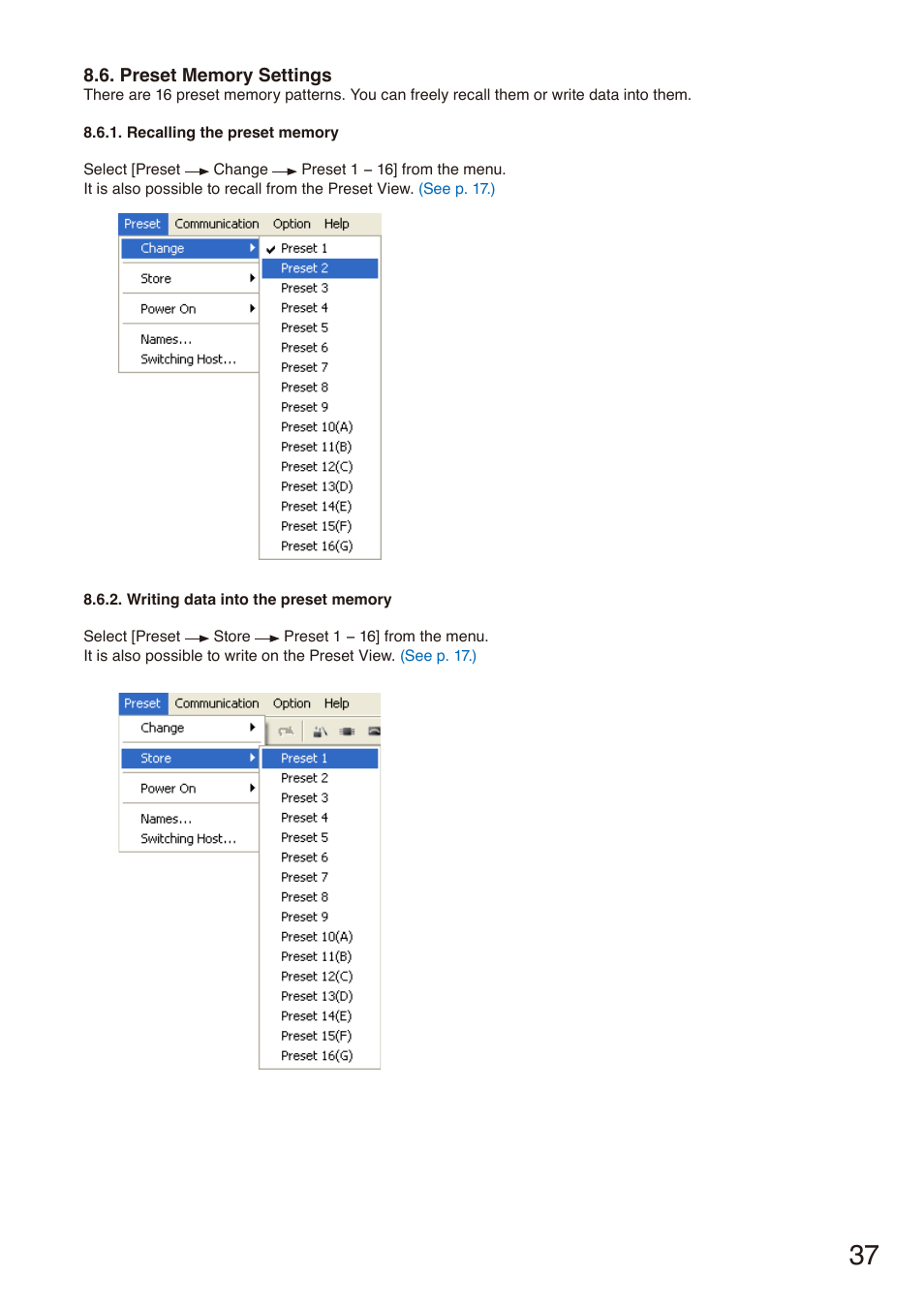 Preset memory settings | Toa DP-SP3 User Manual | Page 37 / 75