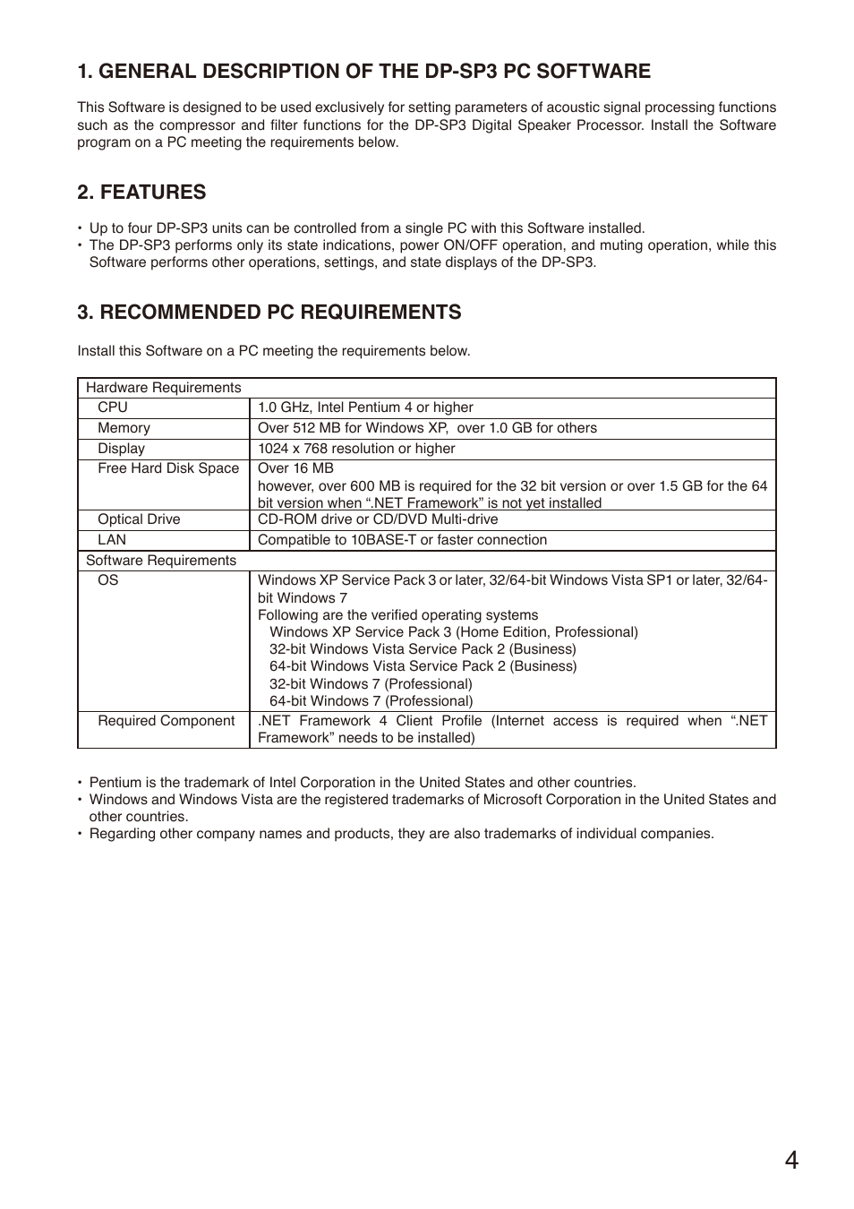 General description of the dp-sp3 pc software, Features, Recommended pc requirements | General description of, The dp-sp3 pc software | Toa DP-SP3 User Manual | Page 4 / 75