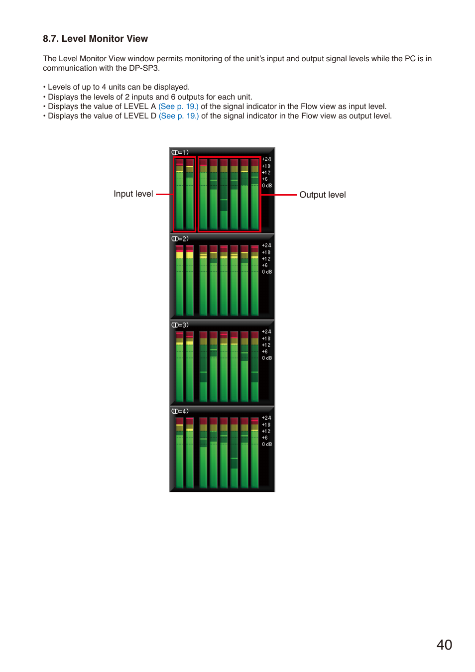 Level monitor view, See p. 40.) | Toa DP-SP3 User Manual | Page 40 / 75