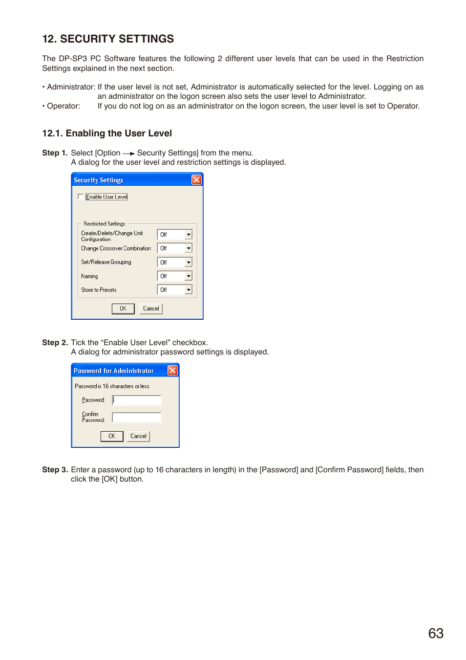 Security settings, Enabling the user level | Toa DP-SP3 User Manual | Page 63 / 75