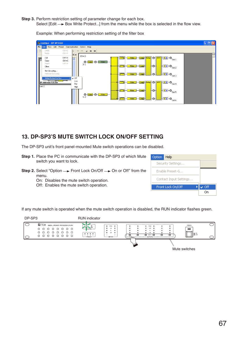 Dp-sp3’s mute switch lock on/off setting | Toa DP-SP3 User Manual | Page 67 / 75